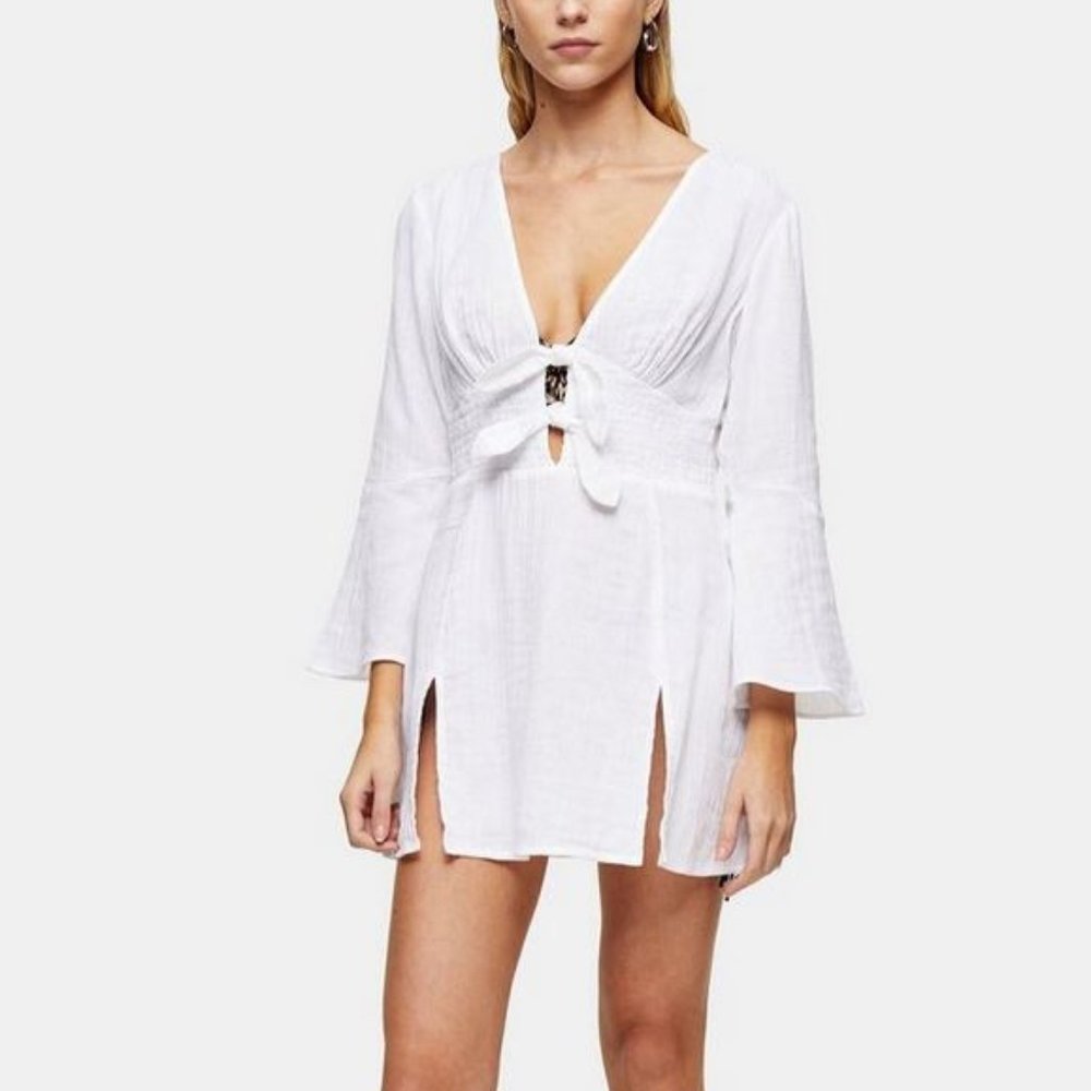 Topshop Ivory Tie Front Kaftan Mini Beach Dress